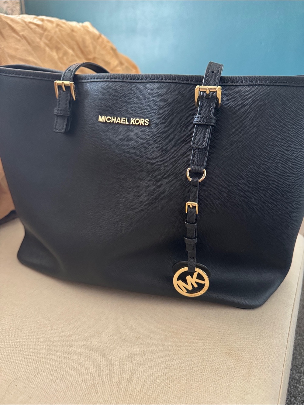 Michael Kors Black Leather Tote with Gold Hardware